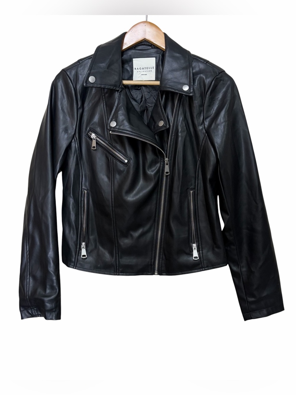 Bagatelle Collection black faux leather buttery soft zip up moto jacket
